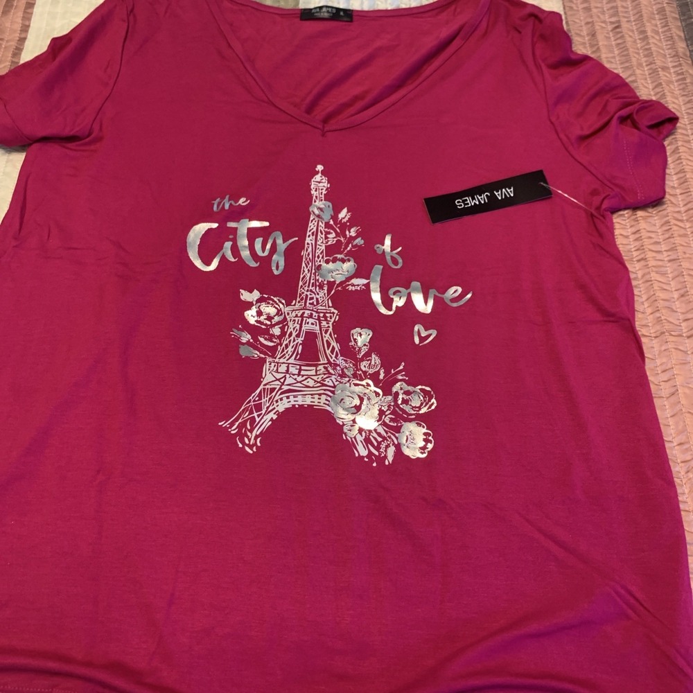 Ava James Eiffel Tower Pink Top City Of Love V-Neck T-Shirt XL NWT